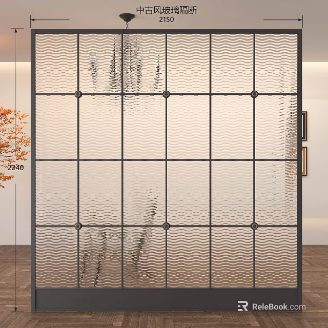Modern Decorative Glass Room Divider With Wavy Pattern And Metal Frame 3d model