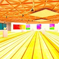 Vibrant Interior Exhibition Space With Wooden Ceiling Yellow Floor Colorful Artworks And White Pedestals