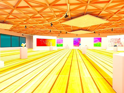 Vibrant Interior Exhibition Space With Wooden Ceiling Yellow Floor Colorful Artworks And White Pedestals 3d model