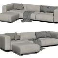 Modern Beige Sectional Sofa With Checkered Pillows And Soft Throw Blanket 3d model