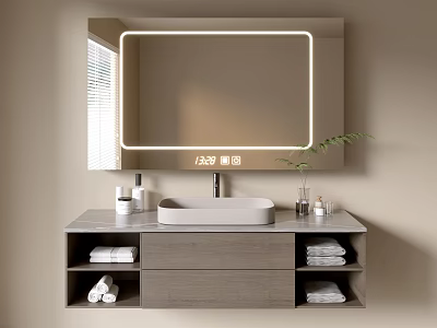 Modern Gray Bathroom Vanity Cabinet With Lighted Mirror Storage Shelves And Sink 3d model