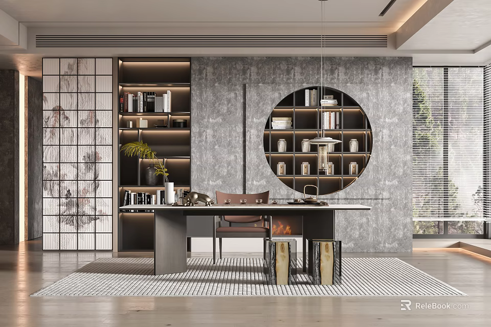 Modern Study Room With Built In Bookshelves And Desk 3d model