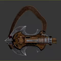 Detailed Vintage Mechanical Axe Featuring Brown Leather Handle And Wooden Metal Structure