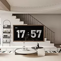 Modern Duplex Living Room Interior With Dark Sofa Round Coffee Table And Wooden Bookshelves