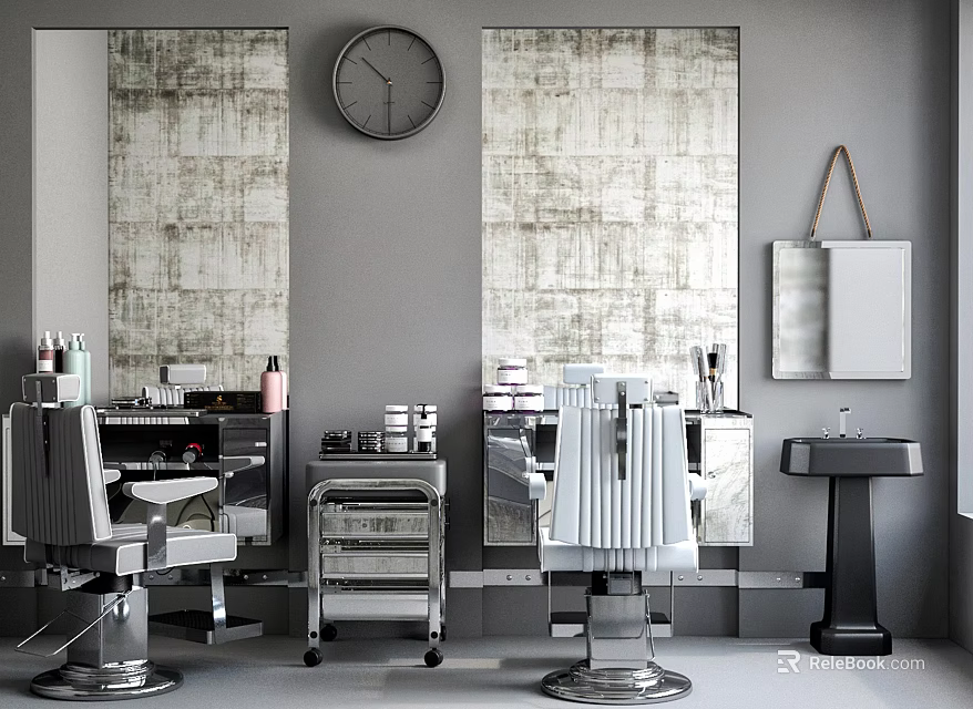 Barbershop Commercial Equipment Featuring Barber Chairs Mirrors Clock Storage Trolleys And Sink 3d model 