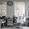Barbershop Commercial Equipment Featuring Barber Chairs Mirrors Clock Storage Trolleys And Sink