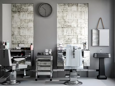 Barbershop Commercial Equipment Featuring Barber Chairs Mirrors Clock Storage Trolleys And Sink 3d model