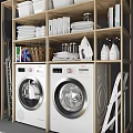 Laundry Room Storage Shelves With Washing Machines Towels Baskets Iron Foldable Chair And Cleaning Supplies