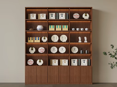 Wooden Display Cabinet With Multiple Shelves Holding Decorative Plates Tea Sets And Books 3d model