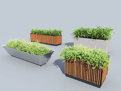 Stylish Garden Planters with Metal Wooden Slatted and Concrete Designs Filled with Lush Green Plants 3d model