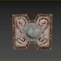 Medieval Shield With Metal Dome Brown Frame And Red Decorative Patterns