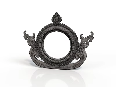 Intricate Black Sculpture Carving with Circular Frame Mythical Beast Motifs and Ornate Patterns 3d model