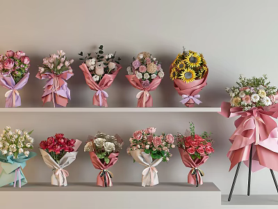 Various Colorful Flower Bouquets Displayed On Shelves And Tripod Stand 3d model