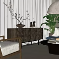 Modern Wooden Console Side Cabinet With Vase Decorative Figurines And Green Plant In Living Room