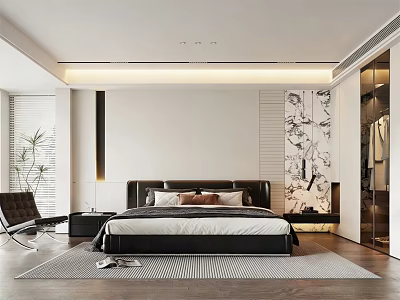 Modern Bedroom Interior With Black Bed White Walls Decorative Painting Floor Lamp Rug And Chair 3d model
