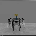 Minimalist Dining Table Set With Black Chairs Yellow Flowers And Tableware 3d model