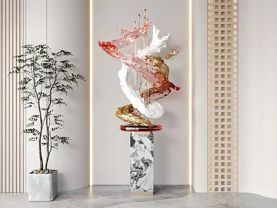 Modern Sculpture Carving With Red White Art Design And Marble Base Decor 3d model