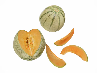 Whole and Sliced Cantaloupe with Juicy Orange Flesh on White Background 3d model