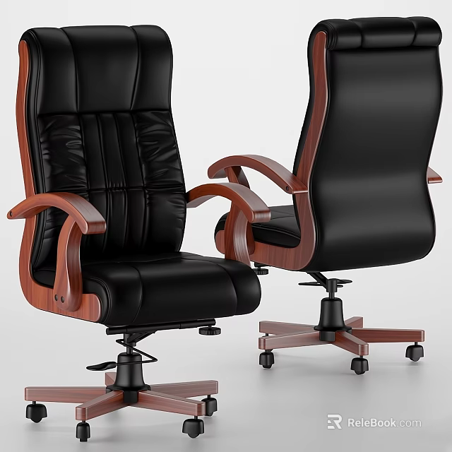 Home Office Modern Table and Chair Set With Black Leather Seats Wooden Armrests And Wheels 3d model 