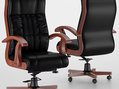 Home Office Modern Table and Chair Set With Black Leather Seats Wooden Armrests And Wheels 3d model