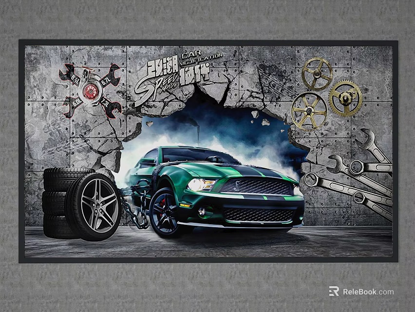 Green Sports Car With Tires Gears Wrenches And FAST LANE Text On Graffiti Background 3d model 