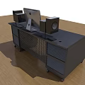 Black Functional Desk With Computer Monitor Speakers Control Panel And Wheels