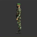 Military Figure In Camouflage Uniform With Green Beret Black Face Mask Standing On Gray Background