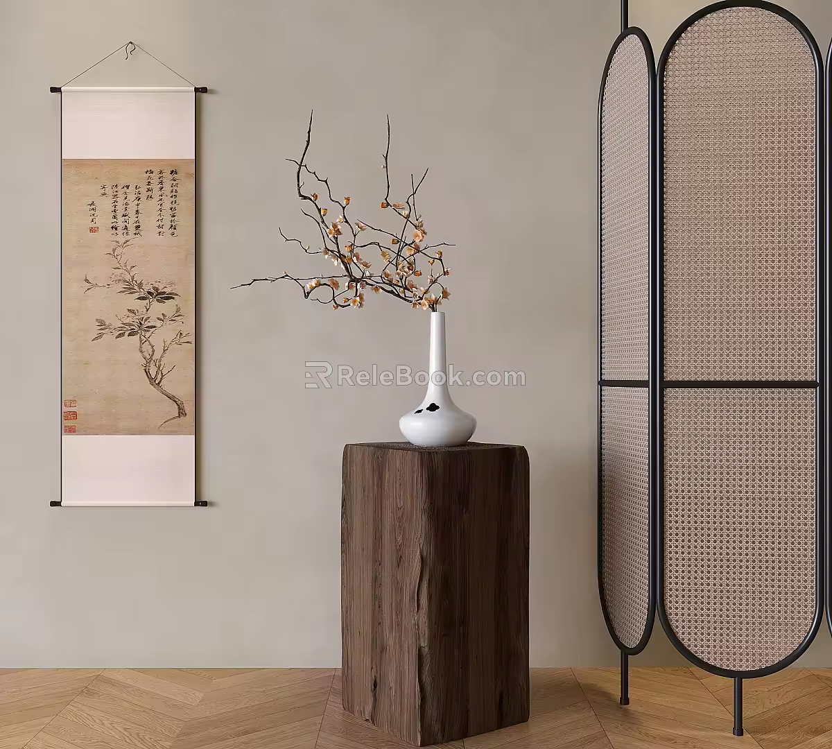 Chinese wrought iron rattan screen folding porch partition 3d model