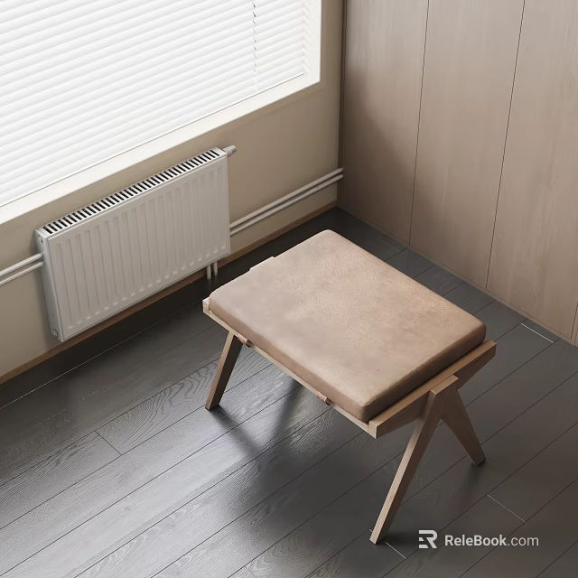 Simple Indoor Stool With Wooden Frame And Brown Padded Seat 3d model 