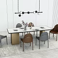 Modern Dining Table Set With Gray And Brown Chairs Tableware Vase And Hanging Pendant Light 3d model
