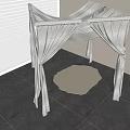 White Ceiling Drapery Interior with White Blinds Gray Tiled Floor and Round Rug