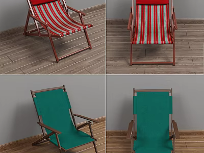 Foldable Lounge Chair Featuring Red Striped Green Canvas And Metal Frame For Outdoor Use 3d model