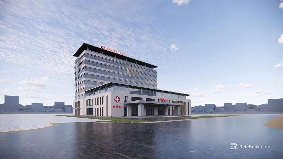 Modern Hospital Exterior Building With Red Cross Symbol And Waterfront View 3d model 