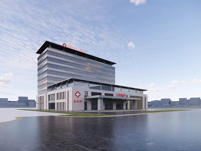 Modern Hospital Exterior Building With Red Cross Symbol And Waterfront View 3d model