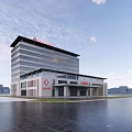 Modern Hospital Exterior Building With Red Cross Symbol And Waterfront View