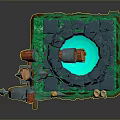 Fantasy Well Scene With Mechanical Wheel Stone Base And Grass Decorations