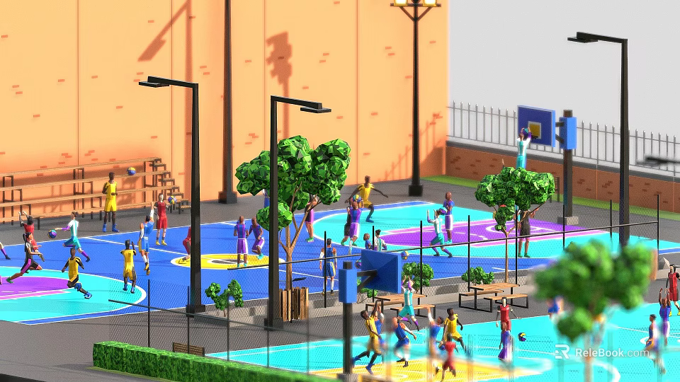 Outdoor Basketball Court With People Playing Basketball Colorful Surface Green Trees Street Lamps And Fitness Equipment 3d model 