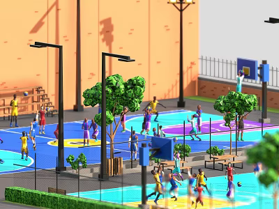 Outdoor Basketball Court With People Playing Basketball Colorful Surface Green Trees Street Lamps And Fitness Equipment 3d model