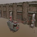 Old Brick Factory Buildings In Two Rows With Red Crane And Gray Background