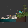 Cartoon Island Scene With Palm Trees Beach House Slide Red Car And Blue Ocean