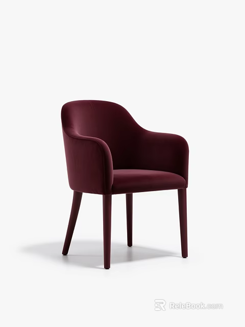Stylish Burgundy Velvet Leisure Chair With Modern Armrests And Wooden Legs 3d model 
