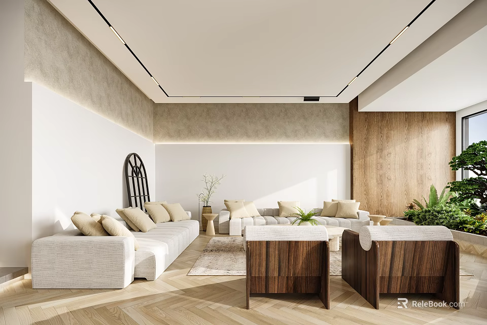 Modern Dining Living Room Interior With Light Sofa Wooden Coffee Tables And Green Plants 3d model 