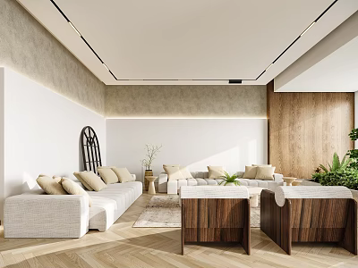 Modern Dining Living Room Interior With Light Sofa Wooden Coffee Tables And Green Plants 3d model
