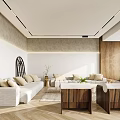 Modern Dining Living Room Interior With Light Sofa Wooden Coffee Tables And Green Plants