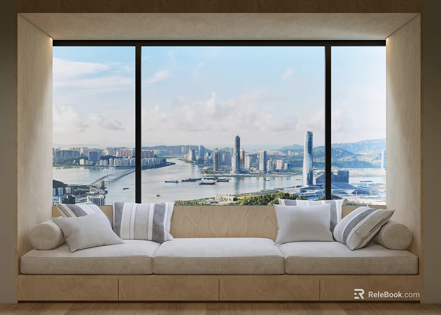 Modern Banquette Sofa With Cushions By Large Windows Overlooking City View 3d model 