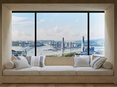Modern Banquette Sofa With Cushions By Large Windows Overlooking City View 3d model
