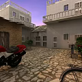 Garden Landscape With Stone Paved Courtyard White Building Tile Roof And Red Motorcycle