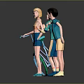 Three Cartoon Characters Including Blonde Female and Two Males with Blue Bicycle in Gray Background