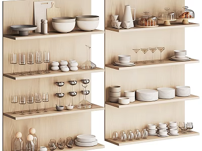 Stylish Dinnerware Set Display On Wooden Shelves With Bowls Plates Glasses And Cups 3d model