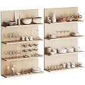 Stylish Dinnerware Set Display On Wooden Shelves With Bowls Plates Glasses And Cups